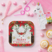 Elegant Reindeer Poinsettia Merry Christmas ペーパープレート (パーティー)
