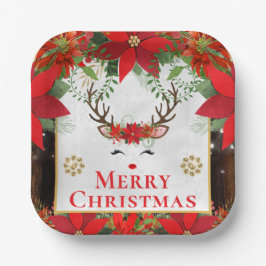 Elegant Reindeer Poinsettia Merry Christmas ペーパープレート