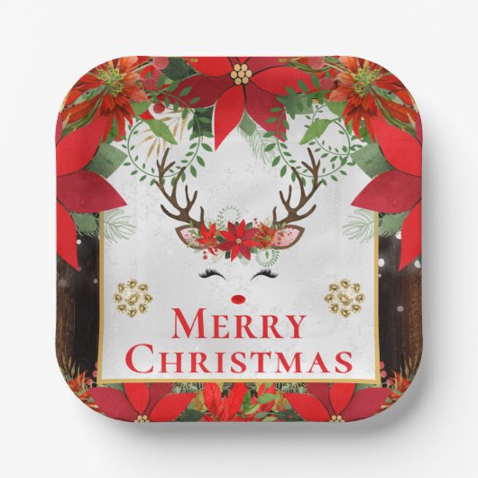 Elegant Reindeer Poinsettia Merry Christmas ペーパープレート (正面)