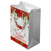 Elegant Reindeer Poinsettia Merry Christmas ミディアムペーパーバッグ (正面アングル)