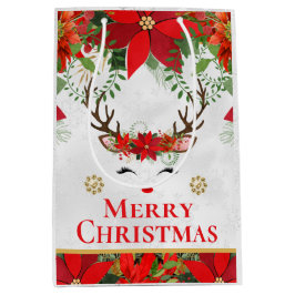 Elegant Reindeer Poinsettia Merry Christmas ミディアムペーパーバッグ