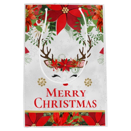 Elegant Reindeer Poinsettia Merry Christmas ミディアムペーパーバッグ (正面)