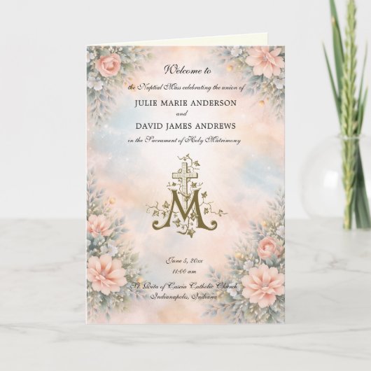 Elegant Religious Catholic Wedding Mass Program カード (正面)
