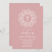 Elegant Religious Pink Cross Girl Christening 招待状 (正面/裏面)