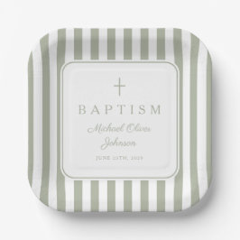 Elegant Religious Sage Green Boy Baptism ペーパープレート