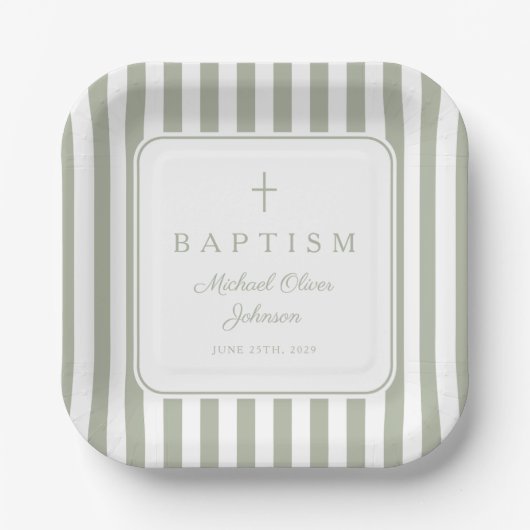 Elegant Religious Sage Green Boy Baptism ペーパープレート (正面)