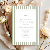 Elegant Religious Sage Green Boy Baptism 招待状