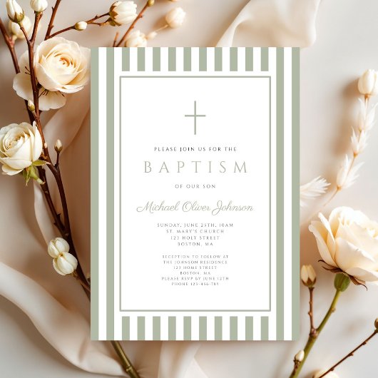 Elegant Religious Sage Green Boy Baptism 招待状