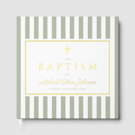 Elegant Religious Sage Green Stripes Baptism ゲストブック
