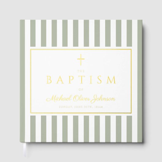 Elegant Religious Sage Green Stripes Baptism ゲストブック (正面)