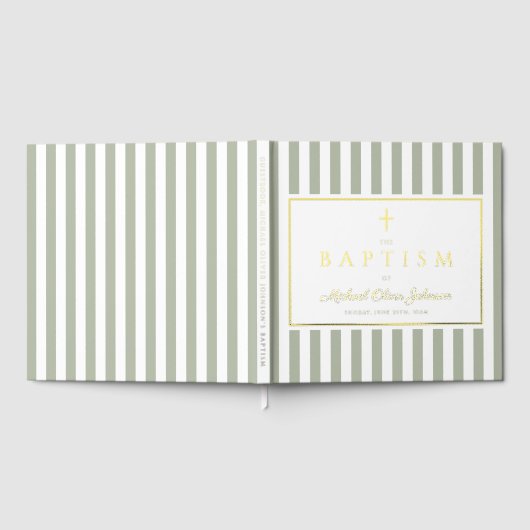 Elegant Religious Sage Green Stripes Baptism ゲストブック (全面)