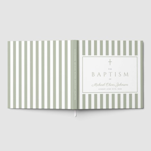 Elegant Religious Sage Green Stripes Baptism ゲストブック (全面)