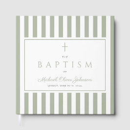 Elegant Religious Sage Green Stripes Baptism ゲストブック