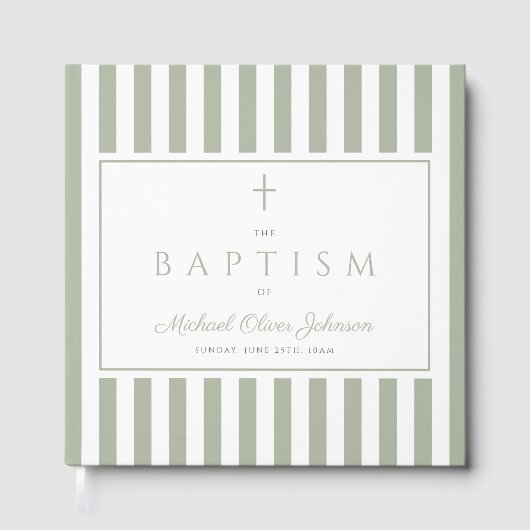 Elegant Religious Sage Green Stripes Baptism ゲストブック (正面)