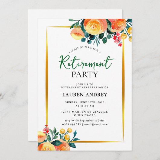 Elegant Retirement Celebration Invitation 招待状 (正面/裏面)