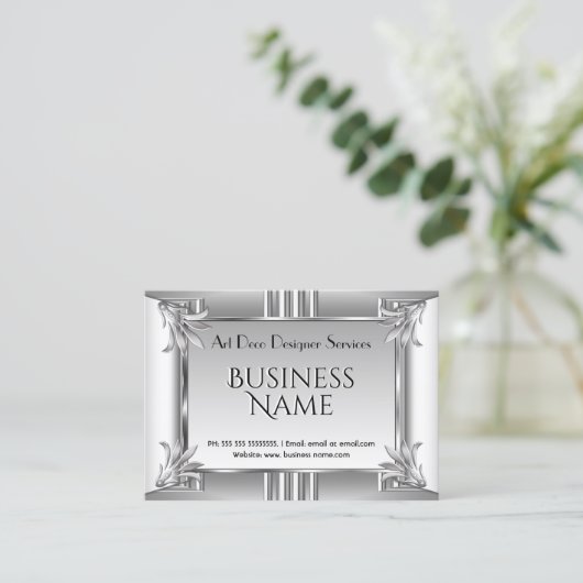 Elegant Retro Art Deco Silver Chrome Metal 名刺 (スタンド正面)