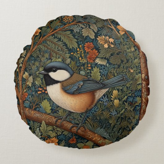 Elegant Retro Art Nouveau woodland bird ラウンドクッション (正面)