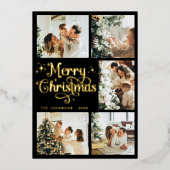 Elegant Retro Black & Gold Merry Christmas Family 箔シーズンカード (正面)