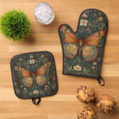 Elegant retro boho butterfly botanical greenery 鍋つかみ&鍋敷きセット (トップダウン)