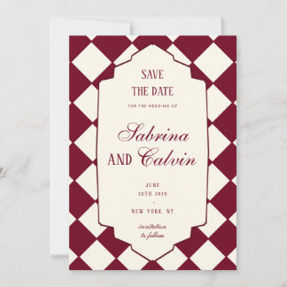 Elegant Retro Checkered Burgundy Wedding セーブザデート