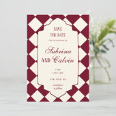 Elegant Retro Checkered Burgundy Wedding セーブザデート (スタンド正面)
