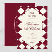 Elegant Retro Checkered Burgundy Wedding セーブザデート (正面/裏面)