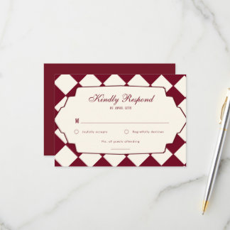 Elegant Retro Checkered Burgundy Wedding 出欠カード