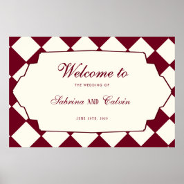 Elegant Retro Checkered Burgundy Wedding Welcome ポスター