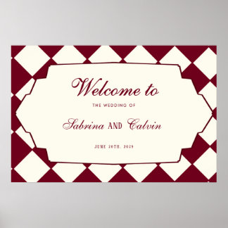 Elegant Retro Checkered Burgundy Wedding Welcome ポスター