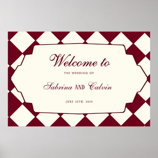 Elegant Retro Checkered Burgundy Wedding Welcome ポスター (正面)