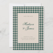 Elegant Retro Checkered Green Beige Wedding セーブザデート (正面)
