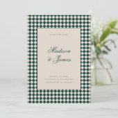 Elegant Retro Checkered Green Beige Wedding セーブザデート (スタンド正面)