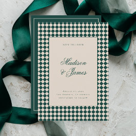 Elegant Retro Checkered Green Beige Wedding セーブザデート