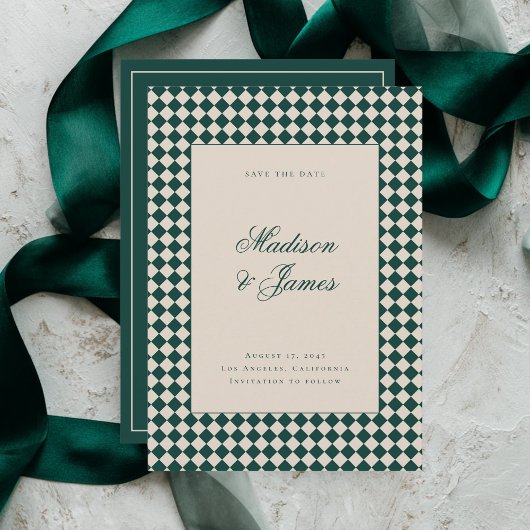 Elegant Retro Checkered Green Beige Wedding セーブザデート