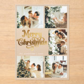 Elegant Retro Faux Gold Family Christmas Card アクリル招待状 (正面)