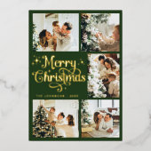 Elegant Retro Green & Gold Merry Christmas Family 箔シーズンカード (正面)