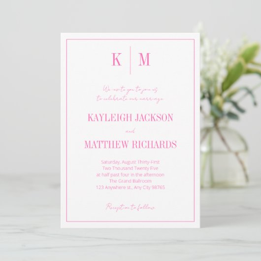 Elegant Retro Hot Pink Monogram Wedding  招待状 (スタンド正面)