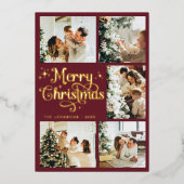 Elegant Retro Red & Gold Merry Christmas Family 箔シーズンカード (正面)