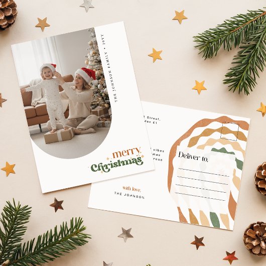 Elegant Retro Script Family Photo Wish Christmas ポストカード