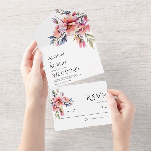 Elegant rhododenron peach-pink flowers wedding オールインワン招待状 (貼ってはがせる)