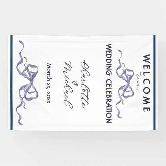 Elegant Ribbon & Bow Romantic Wedding Navy Banner 横断幕 (横)