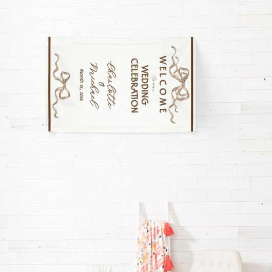 Elegant Ribbon & Bow Warm Brown Romantic Wedding 横断幕 (インサイチュ)