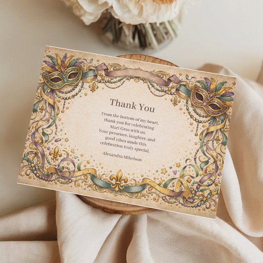 Elegant Ribbon Mask Mardi Gras Masquerade サンキューカード