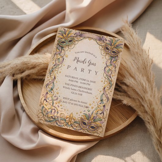 Elegant Ribbon Mask Mardi Gras Masquerade 招待状