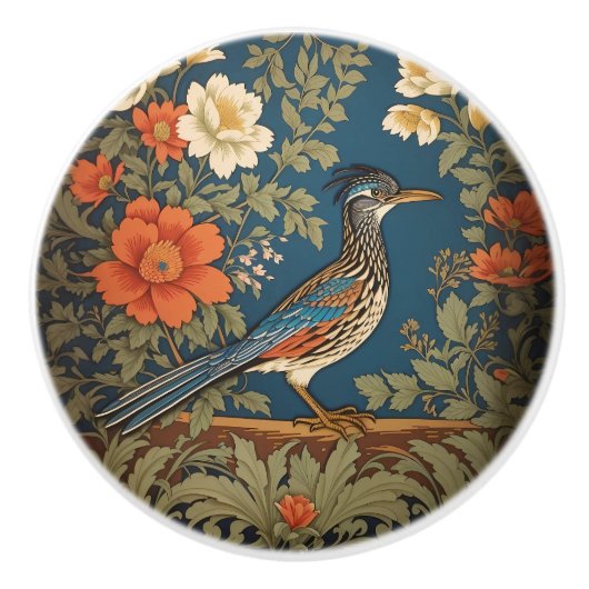 Elegant Roadrunner Bird William Morris Inspired セラミックノブ (正面)
