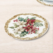 Elegant Rococo Floral Poinsettia Holiday Dining  ラウンドペーパーコースター (アングル)