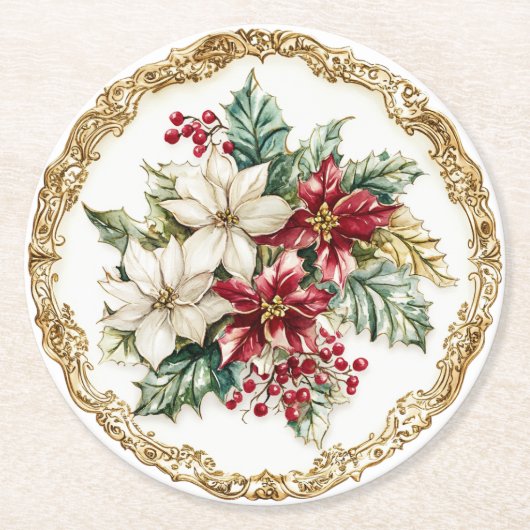 Elegant Rococo Floral Poinsettia Holiday Dining  ラウンドペーパーコースター (正面)
