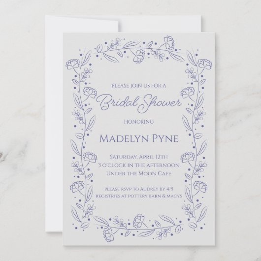 Elegant Romantic Blue Floral Bridal Shower 招待状 (正面)