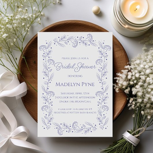 Elegant Romantic Blue Floral Bridal Shower 招待状