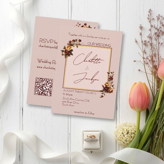 Elegant Romantic Blush Rose Autumn Wedding 招待状